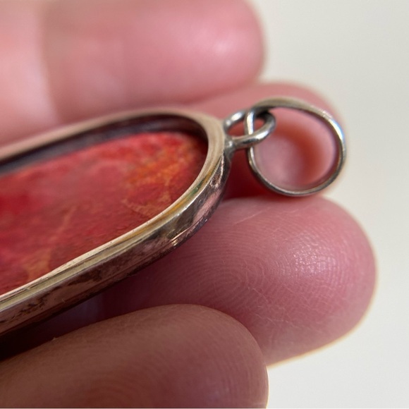 Vintage Coral Sterling Silver Oval Pendant and Earrings set-circa 1930’s - Picture 10 of 14